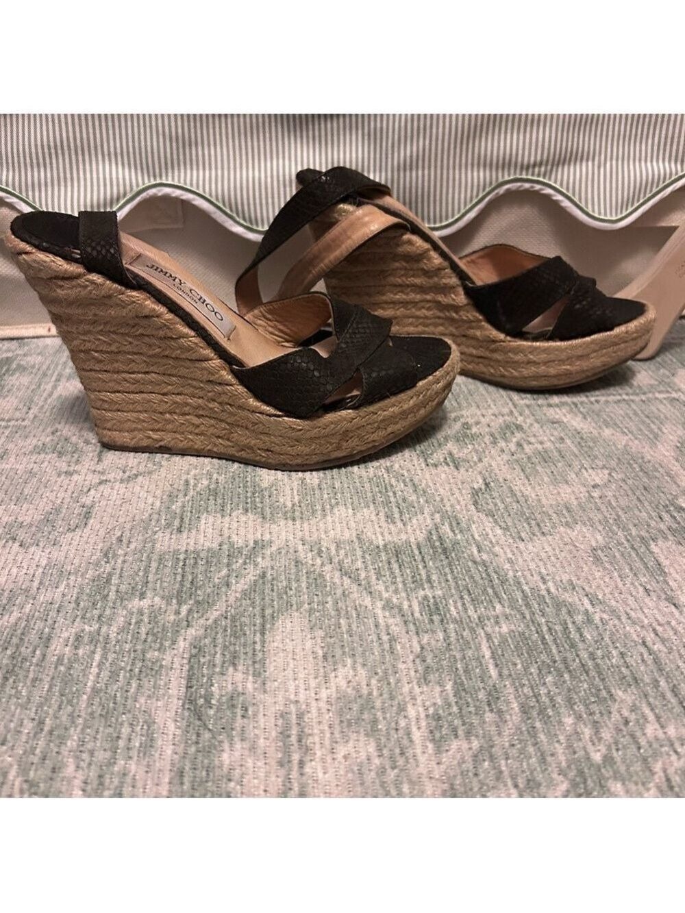 Jimmy Choo Dark Olive Snake Embossed Espadrille Wedges Size 8 - Picture 2 of 3